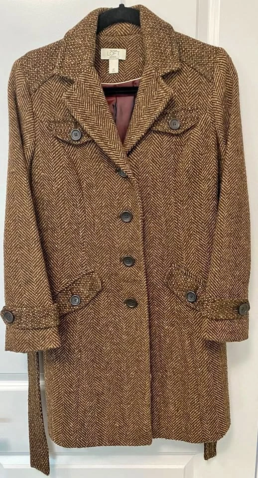 Ann Taylor LOFT Women's Brown Wool Tweed Winter Coat ~ Size 4 Pe