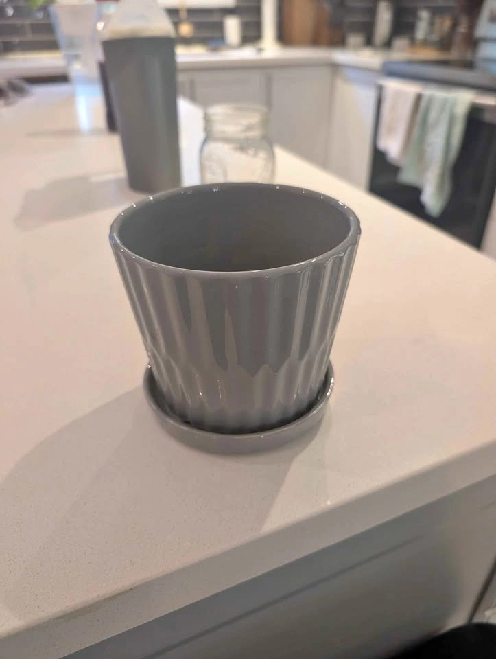 Grey Fluted Ceramic Planter with Saucer