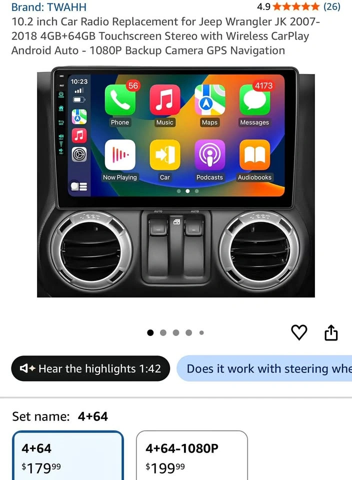 10.2” Car Radio Stereo CarPlay Screen for Jeep Wrangler JK