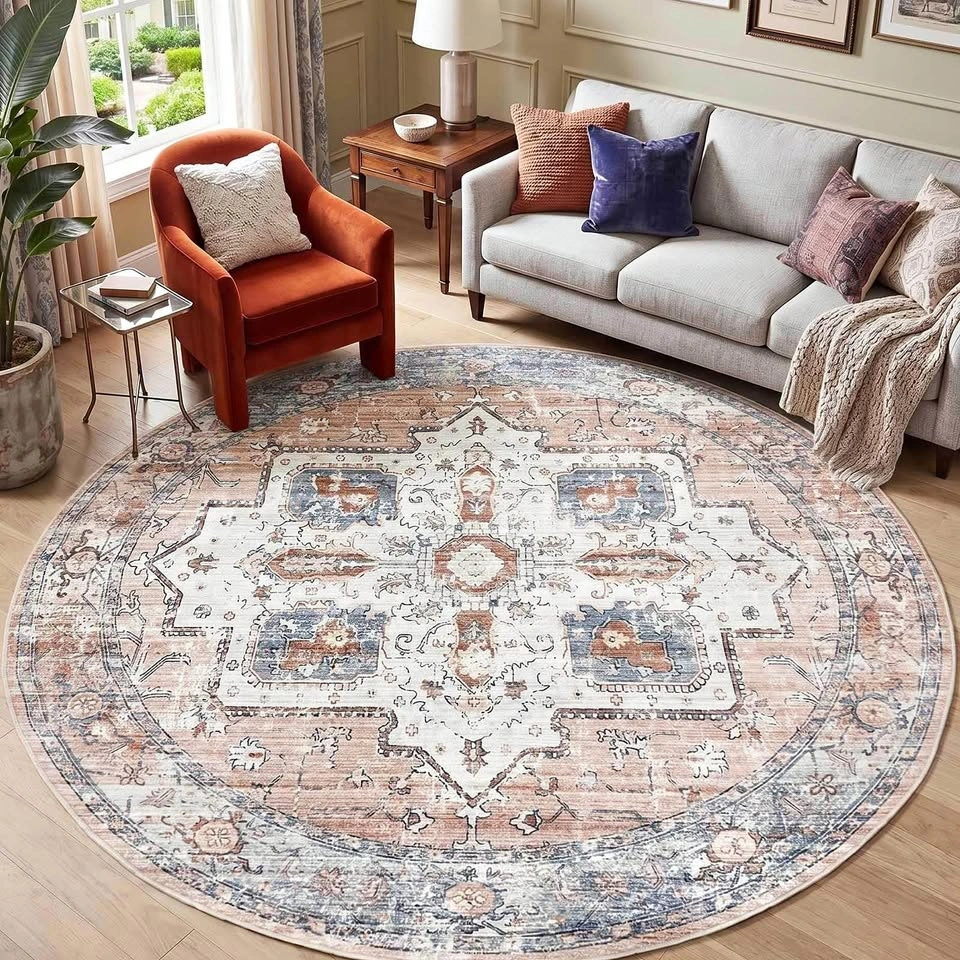 JINCHAN 8’ Round Washable Vintage Medallion Area Rug