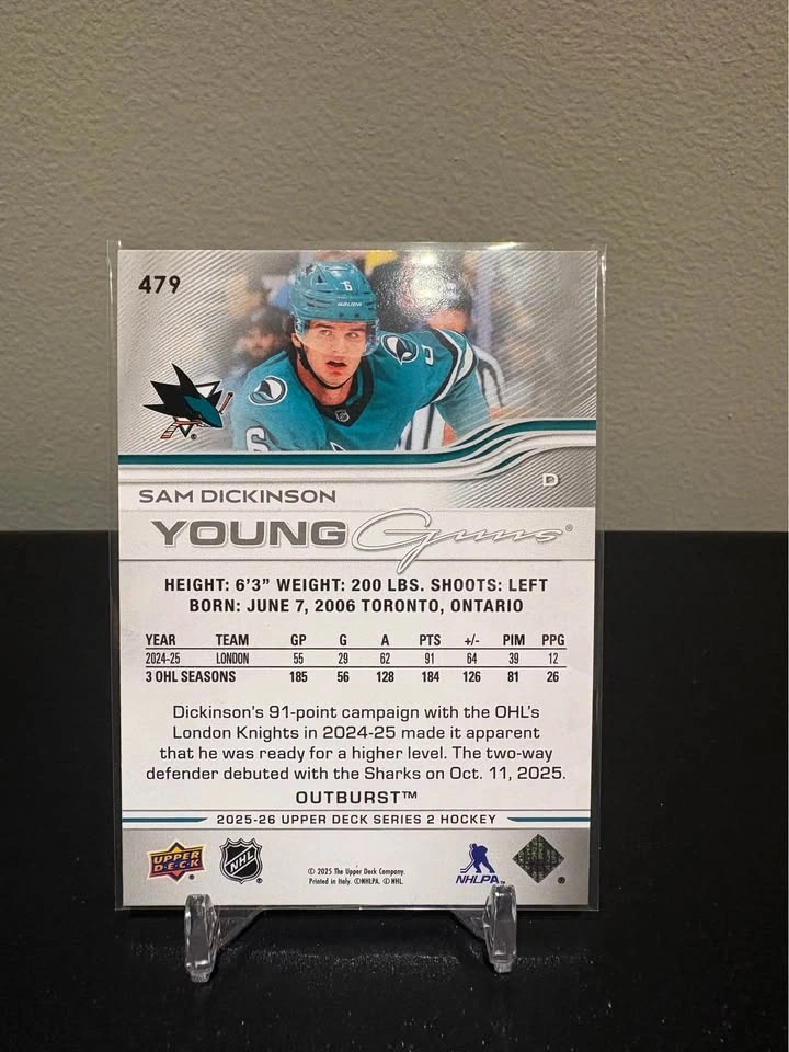 Upper Deck Sam Dickinson Young Guns Outburst Hockey Card - photo 2
