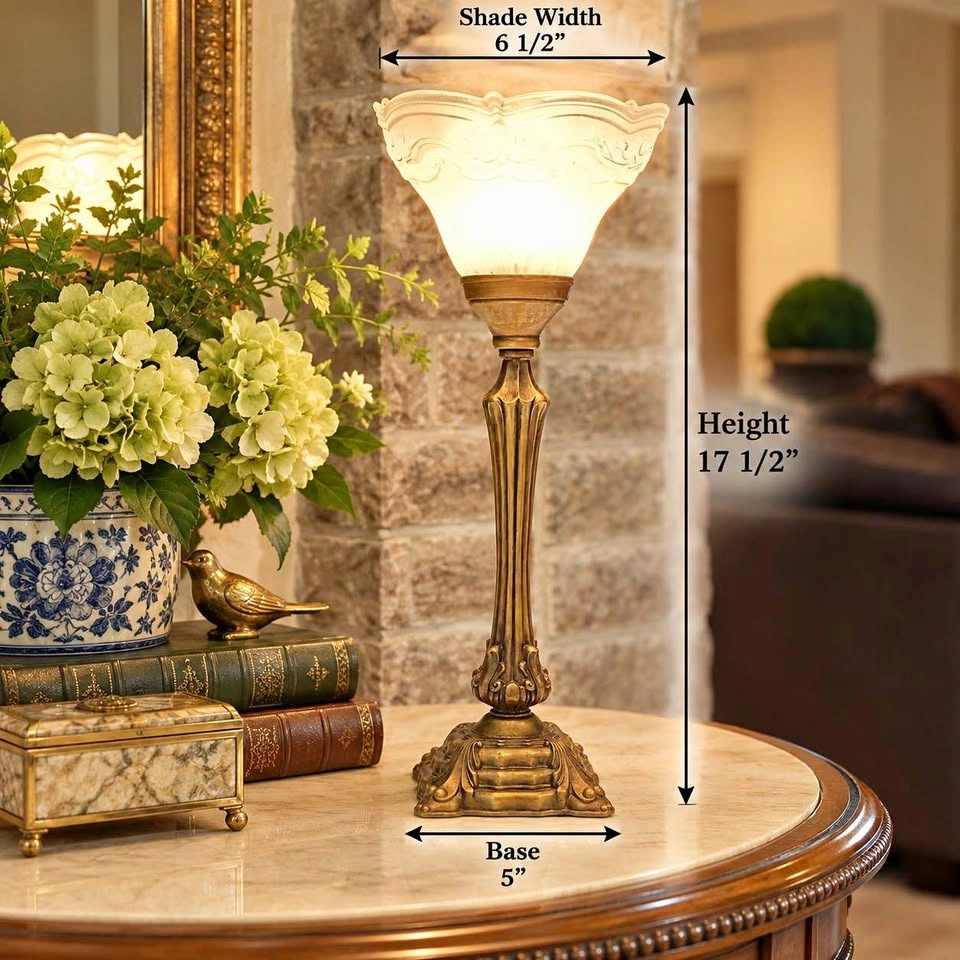 Vintage Torchiere Table Lamp Scalloped Frosted Glass Shade