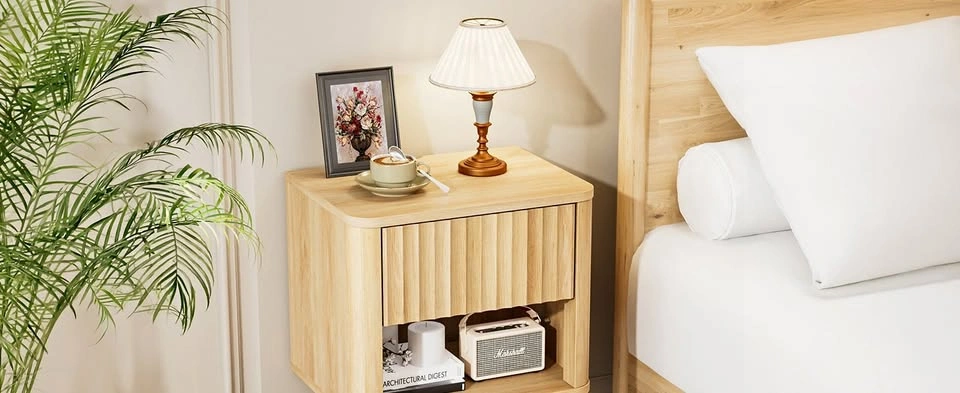 NEW Floating Fluted Oak Nightstand with Rounded Edges - 1 Drawer