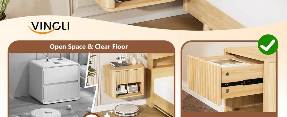 NEW Floating Fluted Oak Nightstand with Rounded Edges - 1 Drawer - photo 5