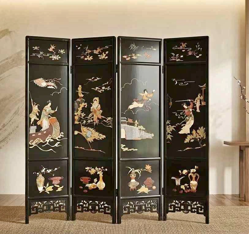 Vintage 4-Panel Black Folding Screen / Room Divider