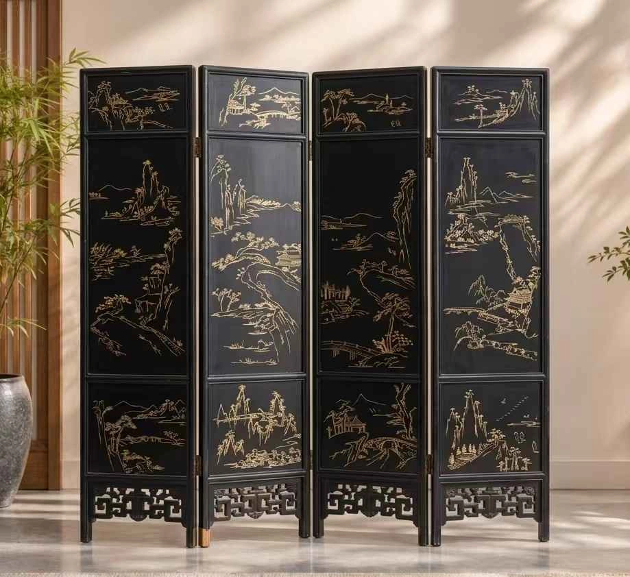 Vintage 4-Panel Black Folding Screen / Room Divider - photo 2