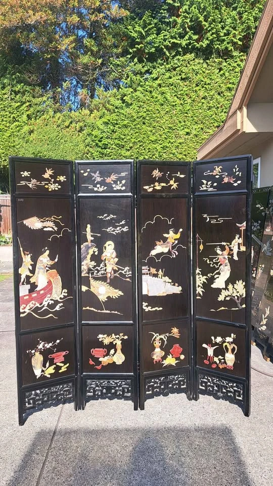 Vintage 4-Panel Black Folding Screen / Room Divider - photo 3