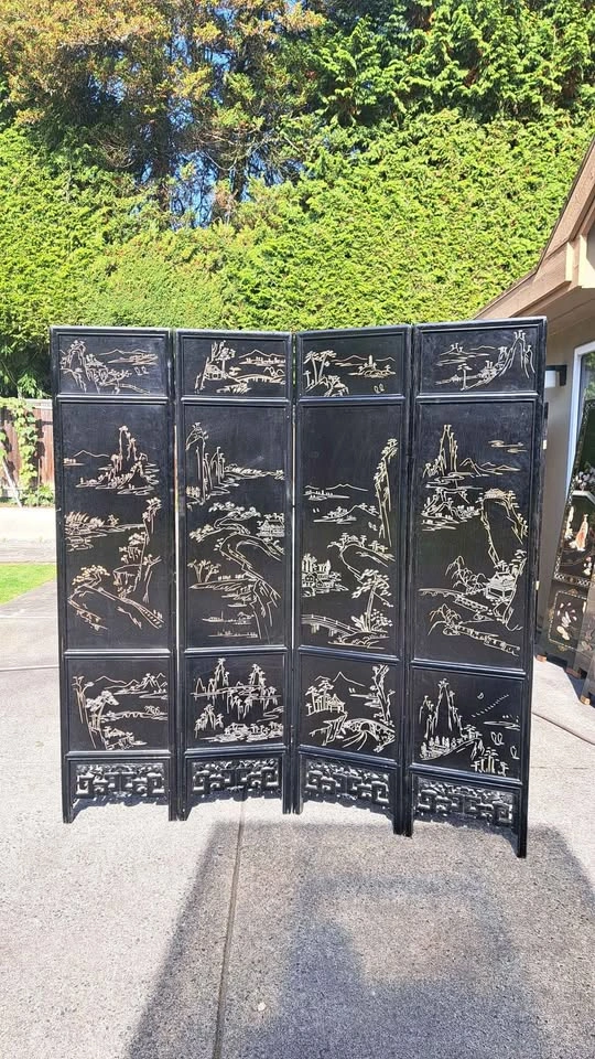 Vintage 4-Panel Black Folding Screen / Room Divider - photo 4