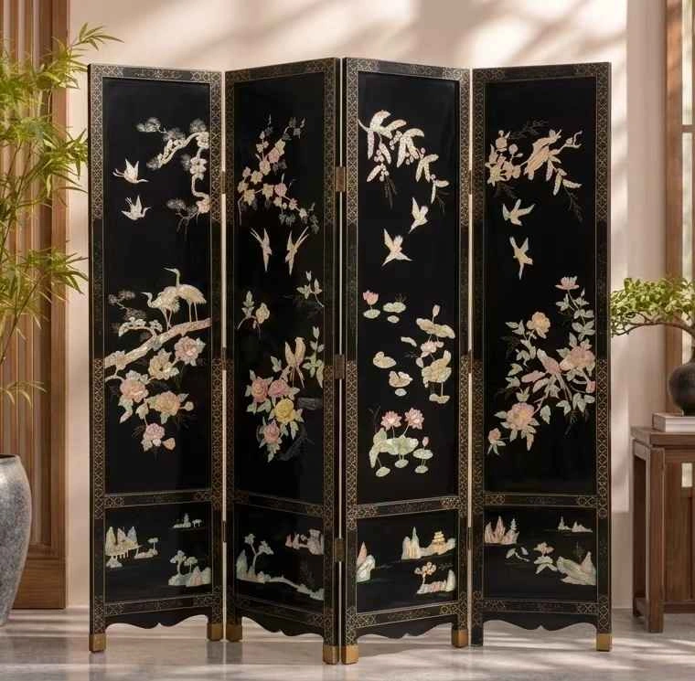 Vintage 4-Panel flower black folding screen / room divider