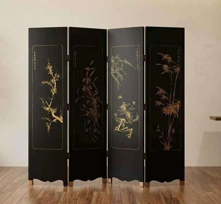 Vintage 4-Panel flower black folding screen / room divider - photo 2