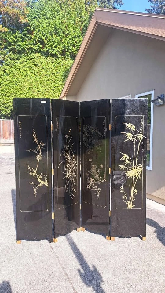 Vintage 4-Panel flower black folding screen / room divider - photo 3