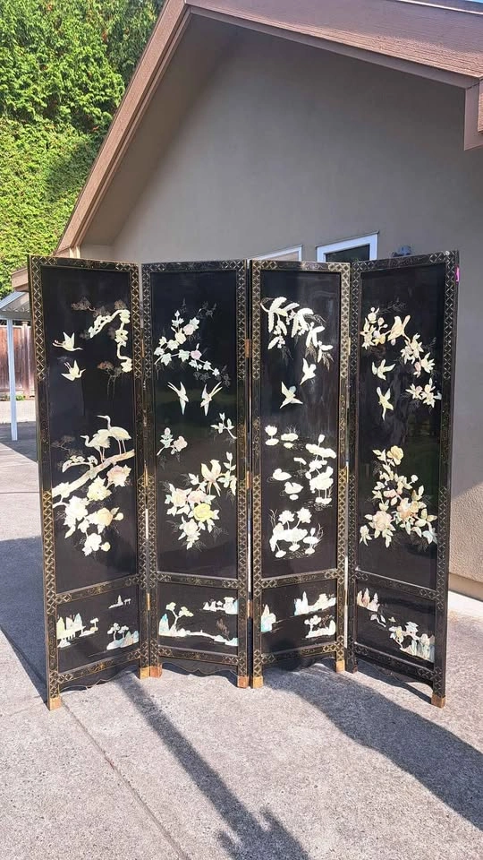 Vintage 4-Panel flower black folding screen / room divider - photo 4