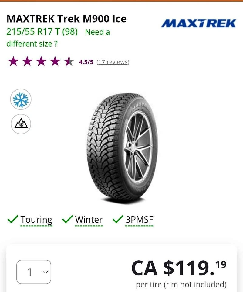 17" Winter Tires on Black Steel Rims - 215/55R17