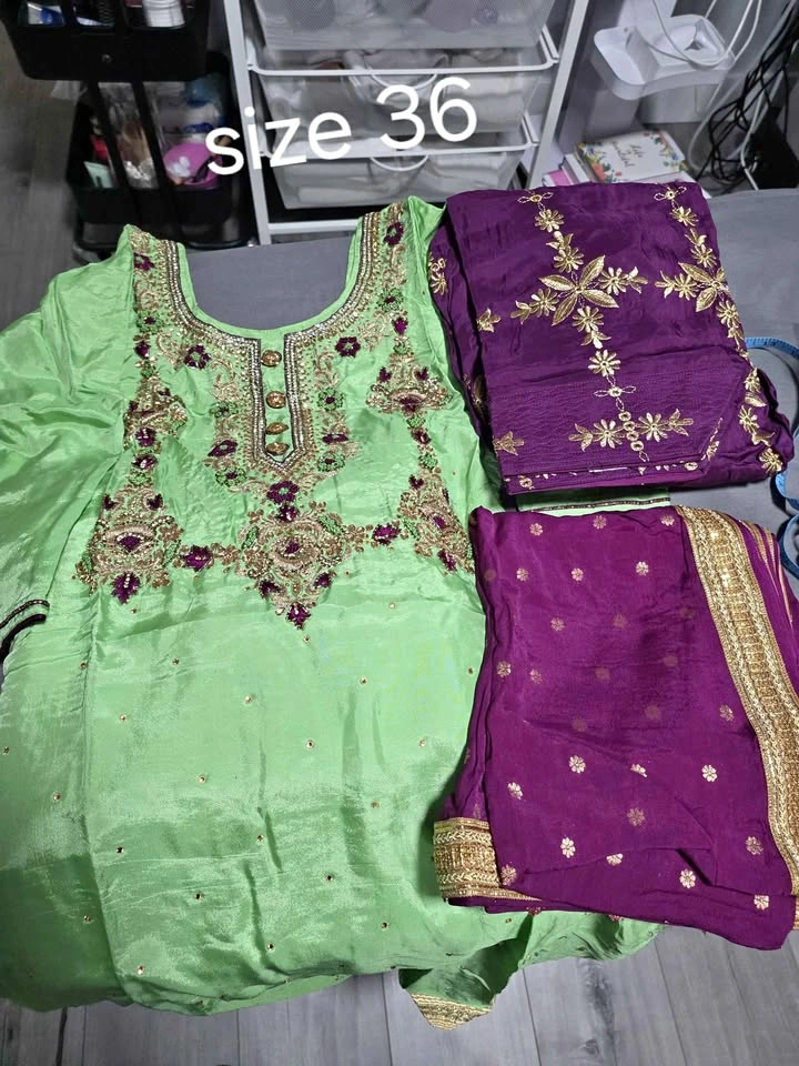 Green and Purple Embroidered Salwar Kameez Set Size 36
