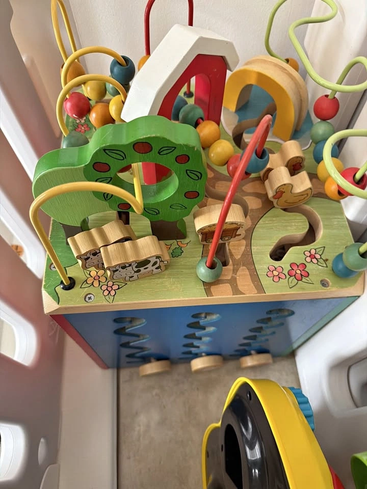 Wooden activity cube with bead maze (farm theme)