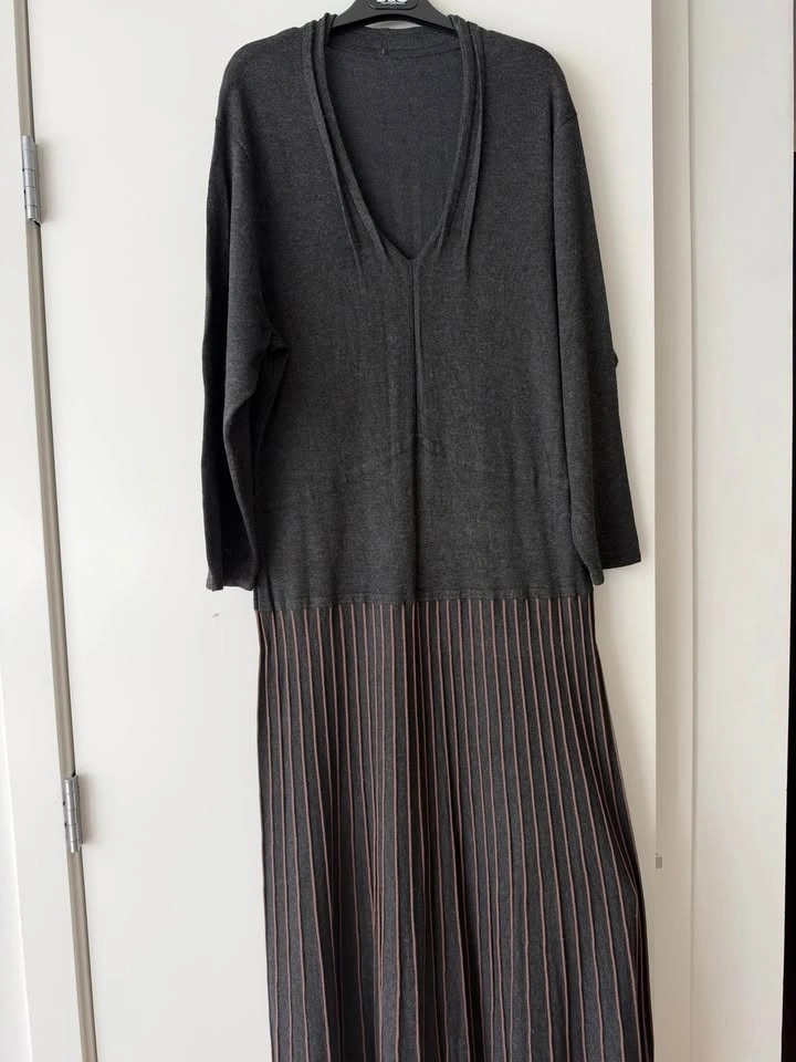 Knit V-Neck Midi Dress with Pleated Skirt