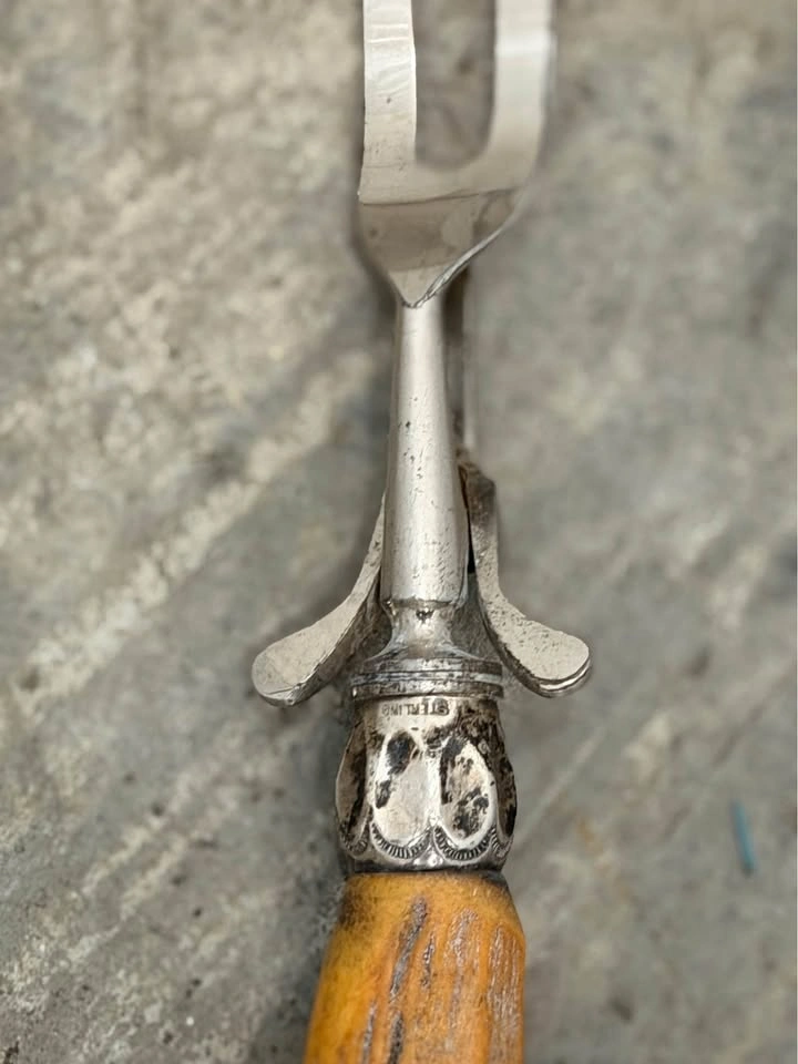 19th Century Carving Fork Sterling Silver & Stag Horn Handle - photo 3