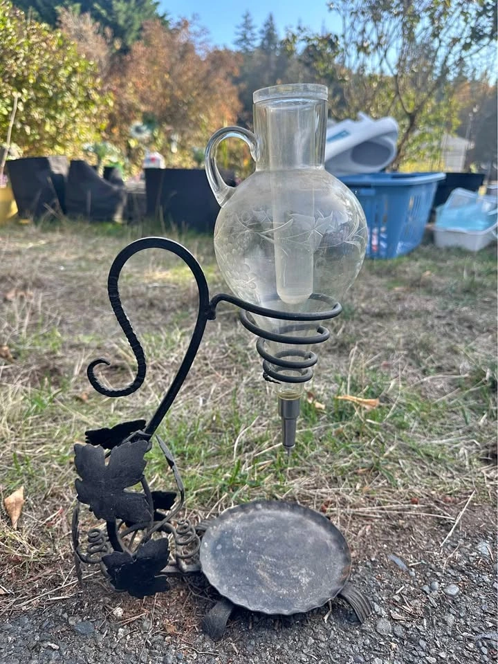 Vintage Etched Glass Wine Chiller Decanter with Wrought Iron Sta