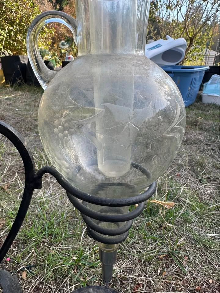 Vintage Etched Glass Wine Chiller Decanter with Wrought Iron Sta - photo 2