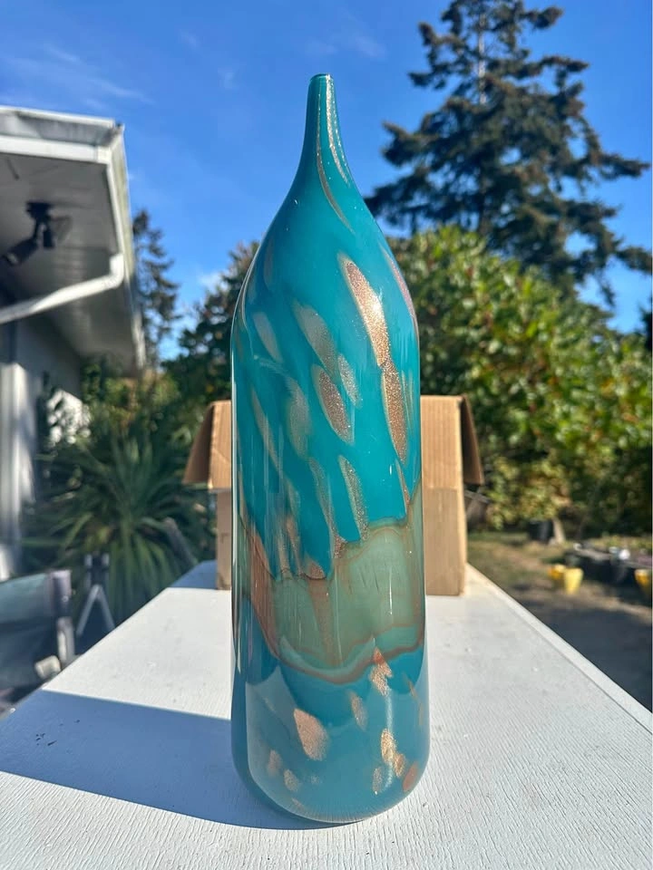 Hand-Blown Teal and Gold Aventurine Glass Vase