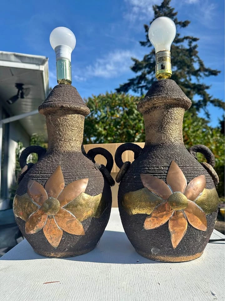 Vintage Pair of Pottery Table Lamps with Copper and Brass Floral