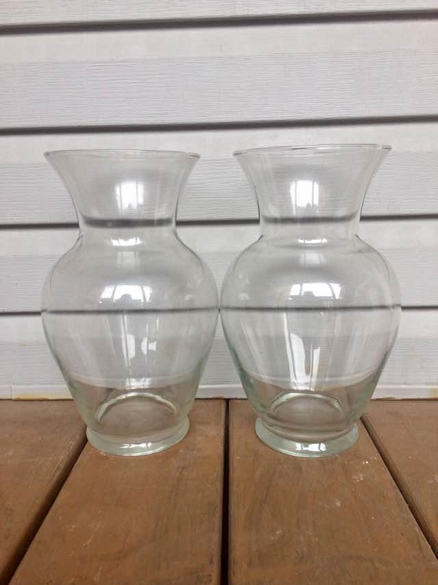 Pair Of Wide Bottom Glass Vases - 11” Tall