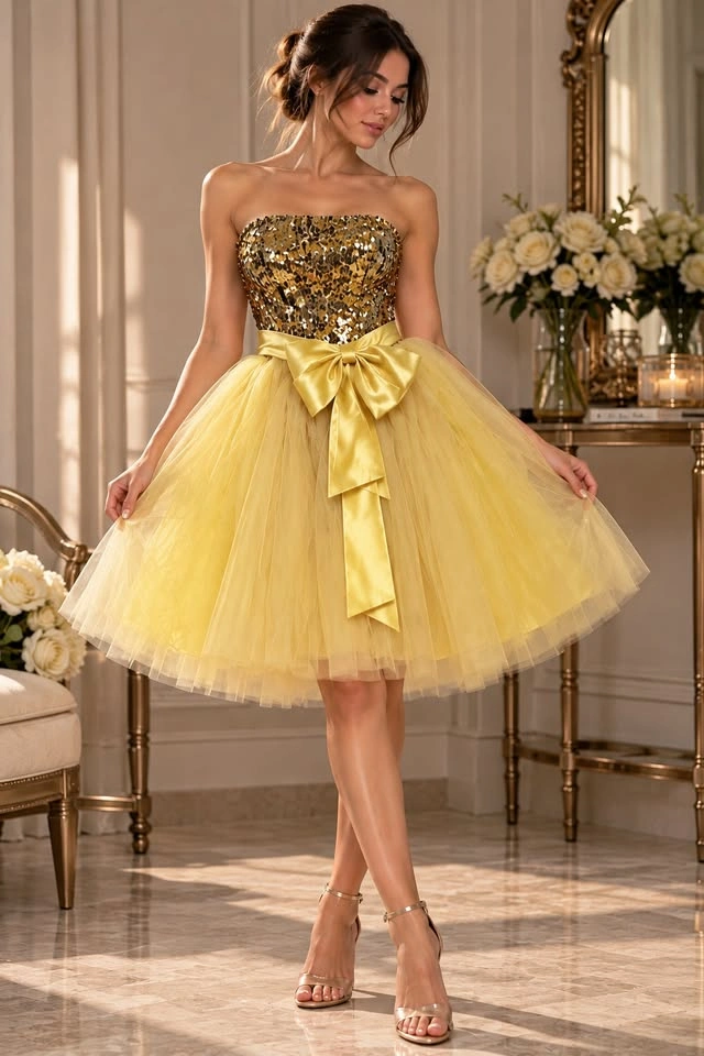 New With Tags Gold Sequin & Yellow Tulle Dress - Size Small