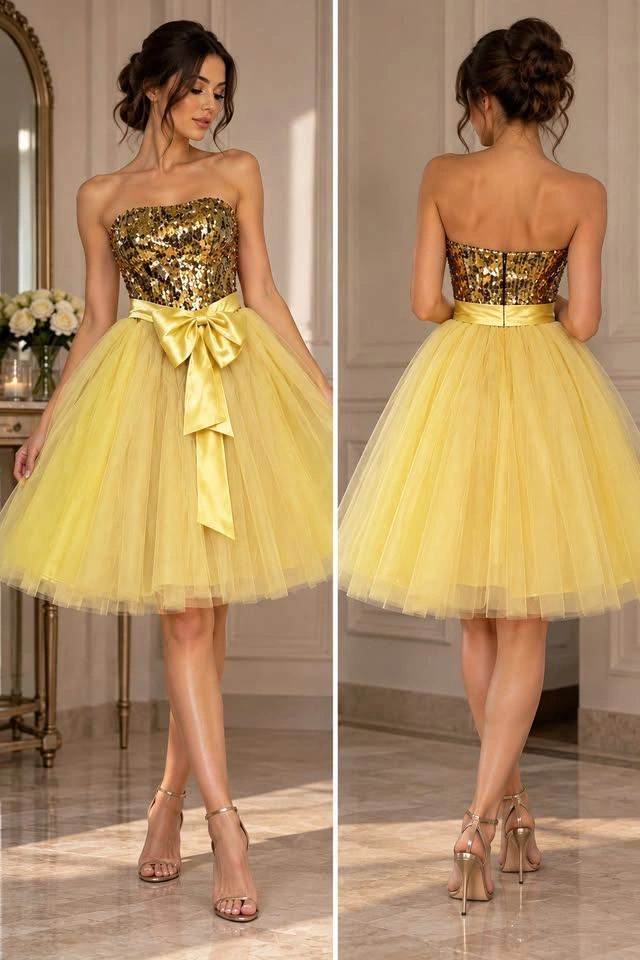 New With Tags Gold Sequin & Yellow Tulle Dress - Size Small - photo 2