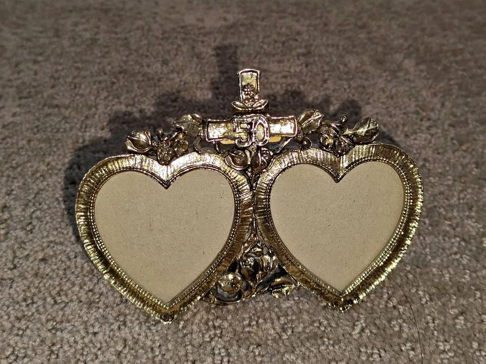 50th Anniversary Double Heart Picture Photo Frame - Brass Tone