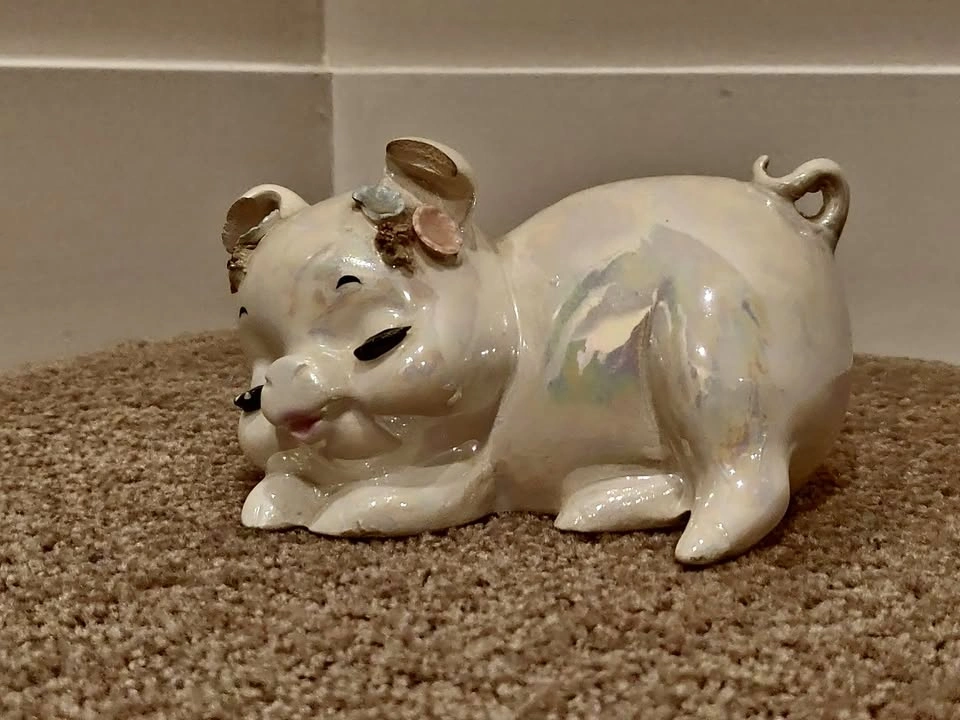 Vintage Sleeping Pig Piglet Piggy Bank / Coin Saver - Iridescent