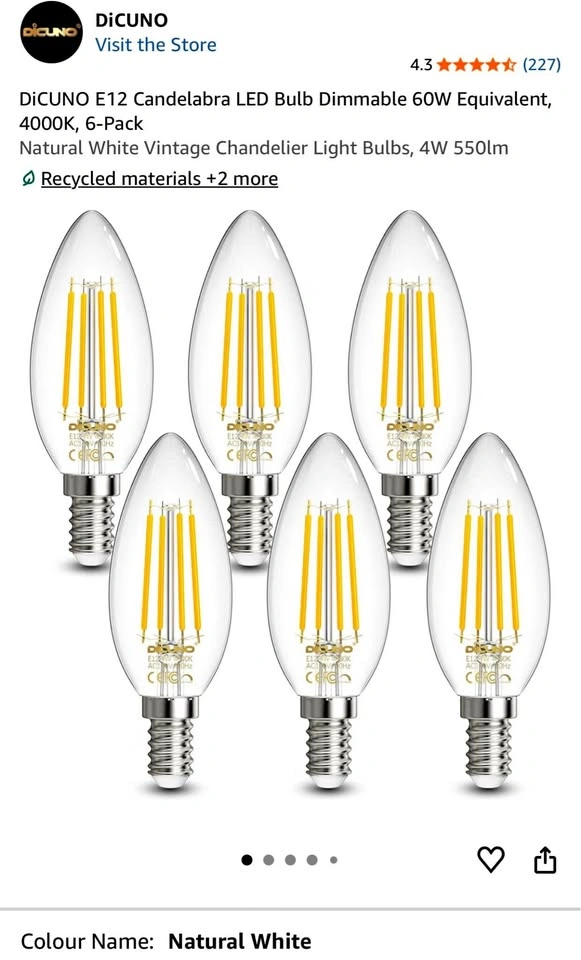DiCUNO E12 Candelabra LED Bulb Dimmable 60W Equivalent, 6-Pack