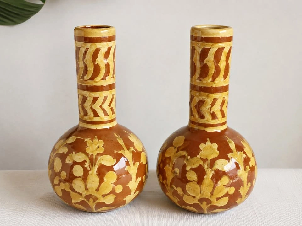 Pair of Hand-Painted Glazed Ceramic Vases – Vintage Boho Décor