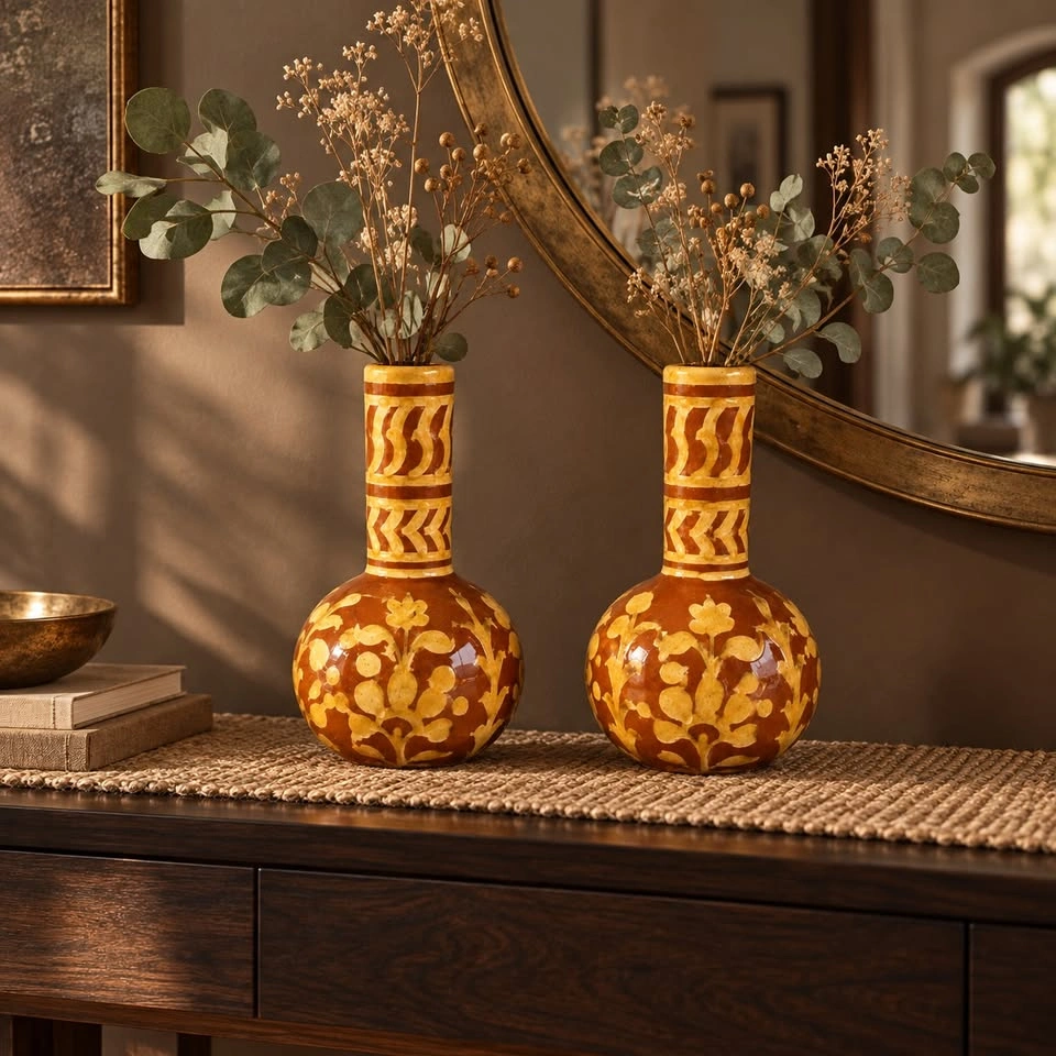 Pair of Hand-Painted Glazed Ceramic Vases – Vintage Boho Décor - photo 2