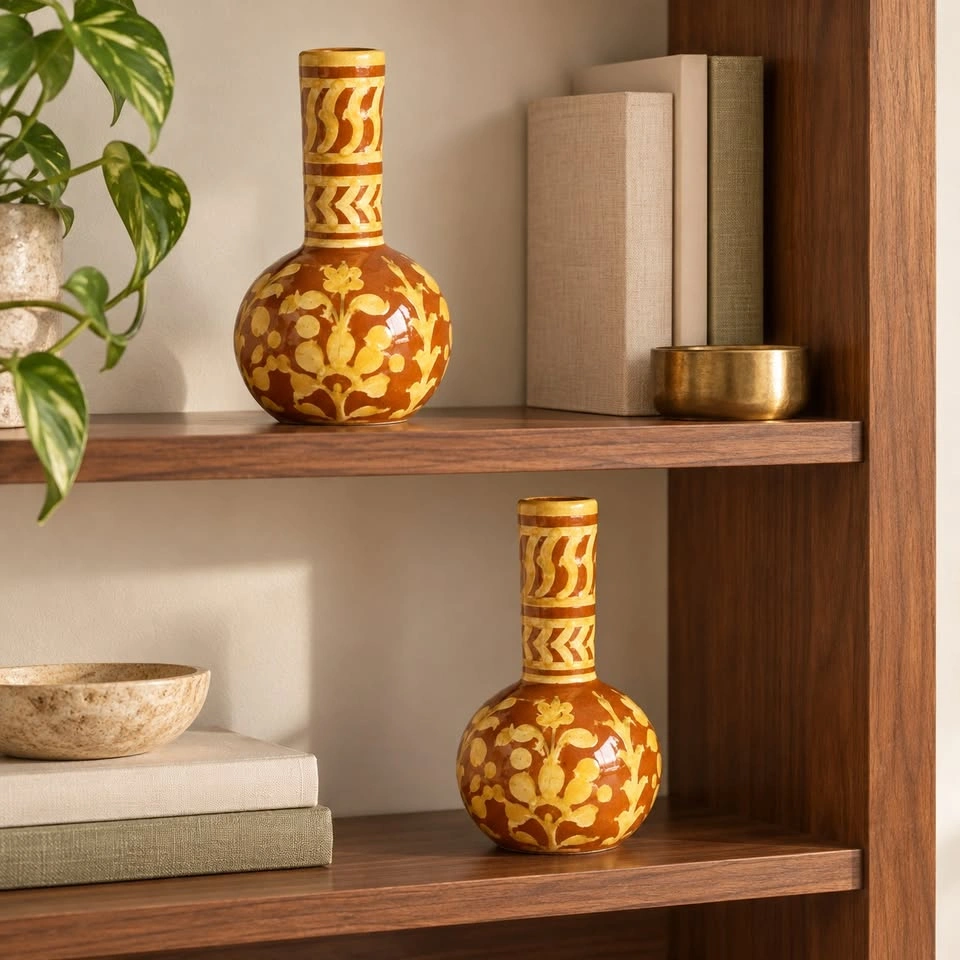 Pair of Hand-Painted Glazed Ceramic Vases – Vintage Boho Décor - photo 3