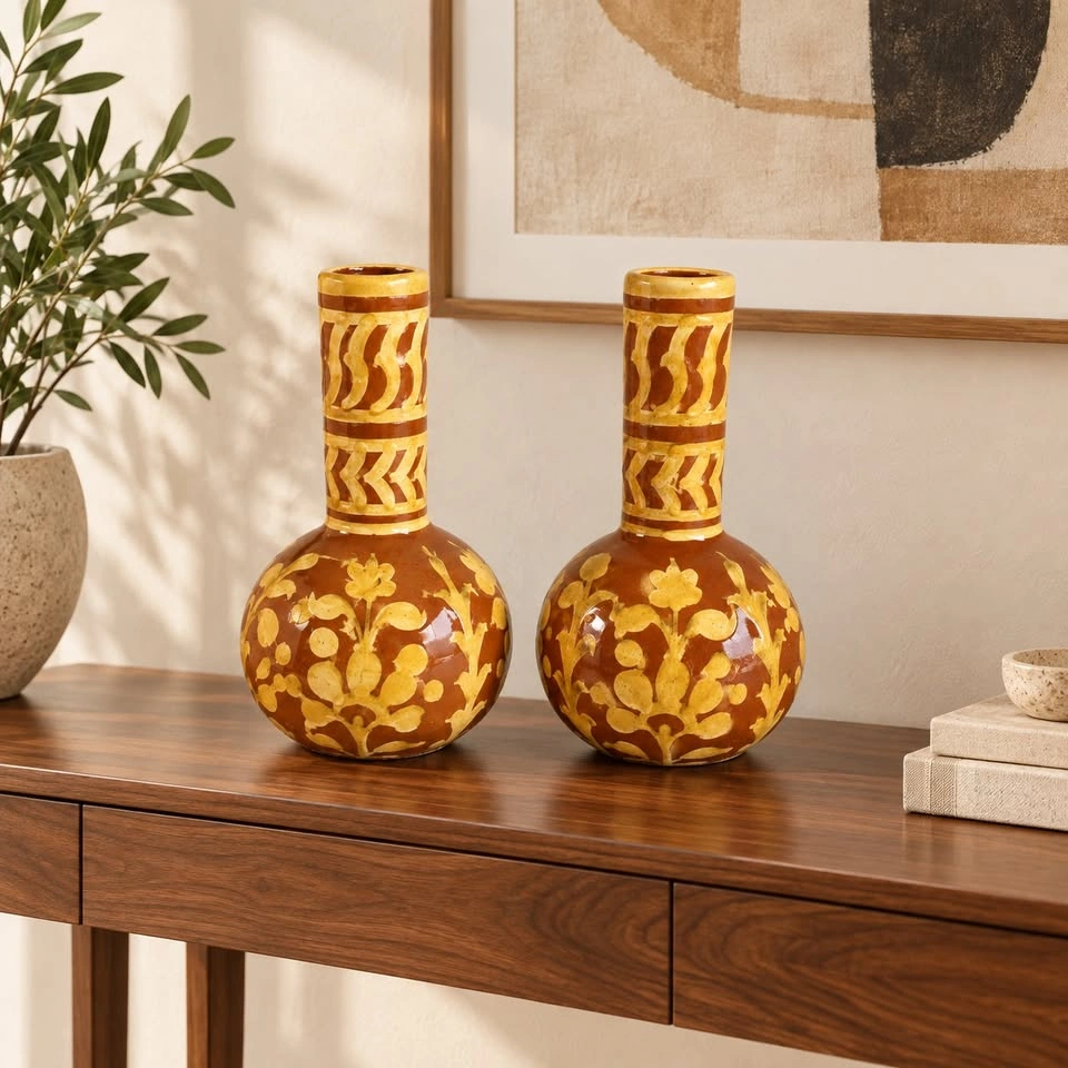 Pair of Hand-Painted Glazed Ceramic Vases – Vintage Boho Décor - photo 4