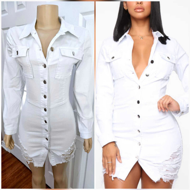 Brand New White Distressed Denim Long Sleeve Mini Dress