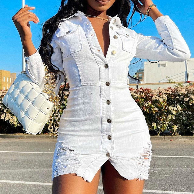 Brand New White Distressed Denim Long Sleeve Mini Dress - photo 3