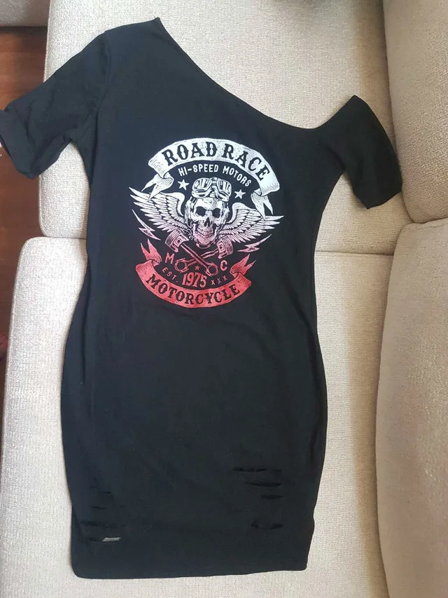 NEW! Distressed Off The Shoulder Motorcycle Graphic Dress image indicator(2)