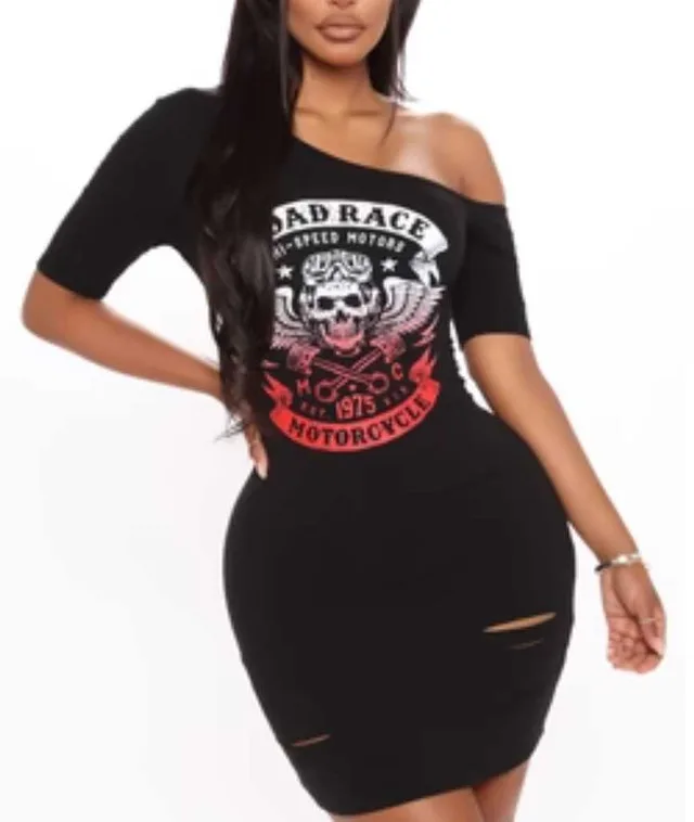 NEW! Distressed Off The Shoulder Motorcycle Graphic Dress image indicator(3)