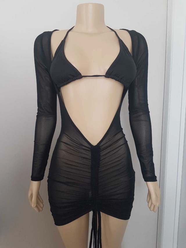 NEW! Black Ruched Mesh Cover Up Dress