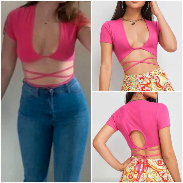 NEW! Hot Pink Cross Tie Crop Top thumbnail