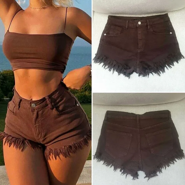 New Womens Chocolate Brown Denim Shorts thumbnail