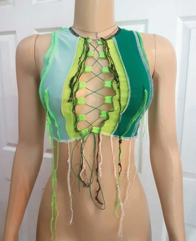 New With Tags! Lace Up Green Combo Mesh Crop Top thumbnail