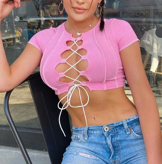 Pretty Pink & White Lace Up Crop Top thumbnail