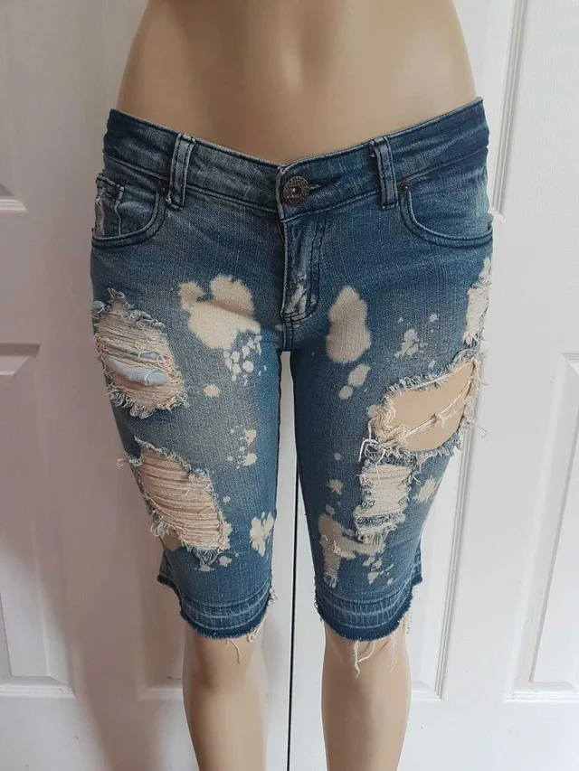 NEW! Womens Acid Wash Stretch Distressed Denim Bermuda Shorts thumbnail