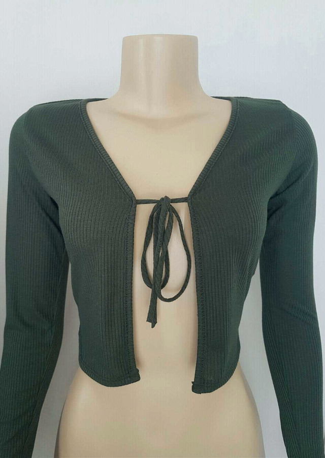 New Olive Green Long Sleeve Front Tie Crop Top