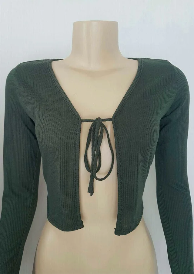 New Olive Green Long Sleeve Front Tie Crop Top thumbnail