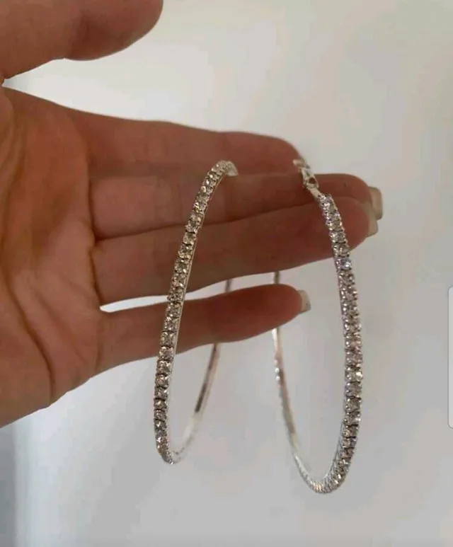 Brand New Large Silver Rhinestone Fashion Hoop Earrings image indicator(2)