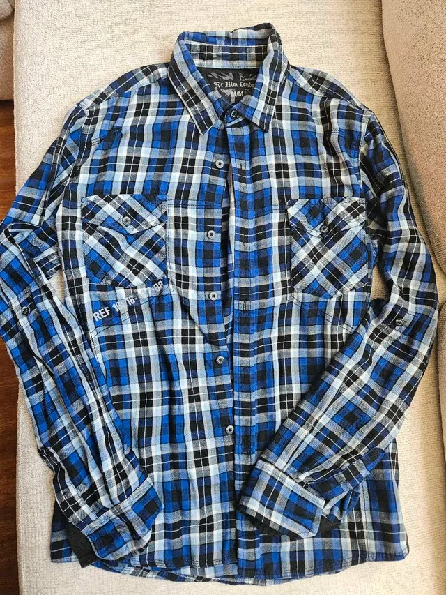 Brand New Men's Blue Plaid Long Sleeve Button Up Dress Shirt thumbnail
