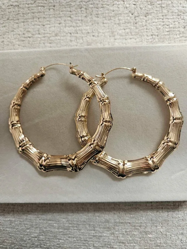 Brand New Gold 80mm Bamboo Hoop Earrings thumbnail